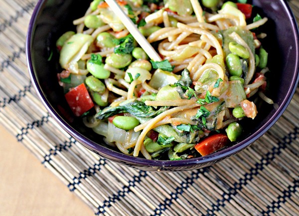 Peanut noodle salad with edamame and bok choy