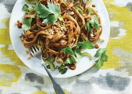Peanut noodles with crunchy celery and celery leaves