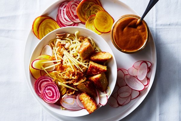 Peanut noodles with seared tempeh and fried shallots