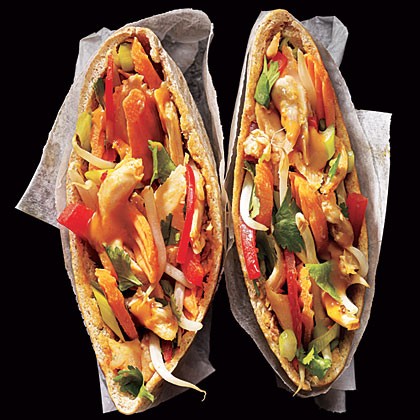 Peanut-sauced chicken pitas