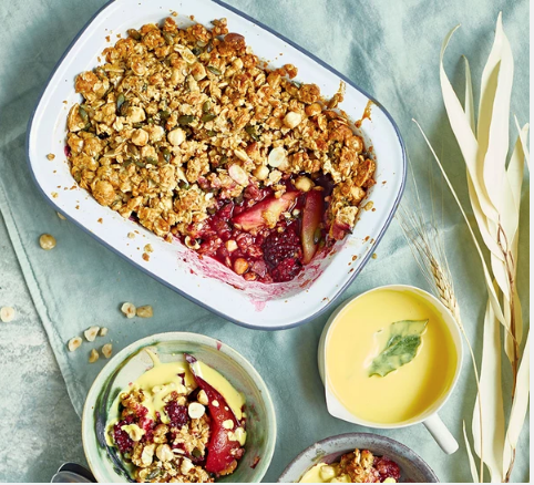 Pear & blackberry crumble with bay leaf custard