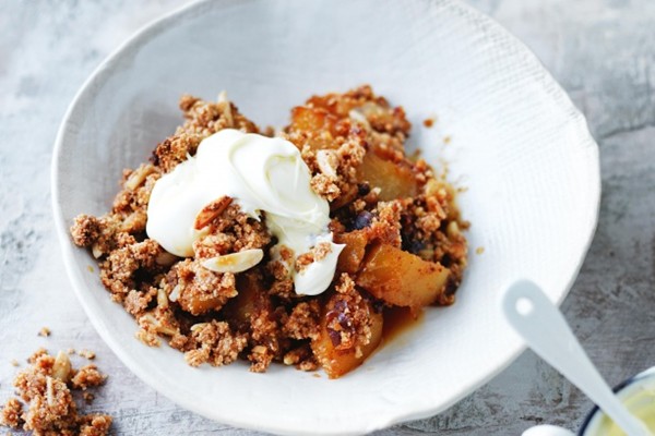 Pear & coconut crumble with double-thick cream
