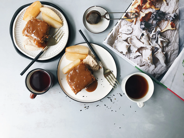 Pear & ginger cake with pine nut creme and rosemary caramel