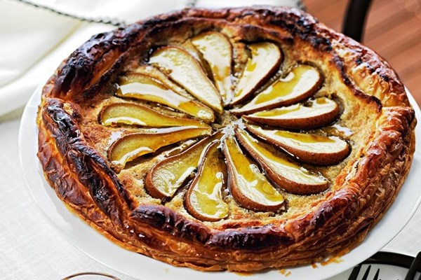 Pear & walnut tart with coffee caramel sauce