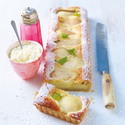 Pear, almond & Amaretto tart with fresh ginger mascarpone cream