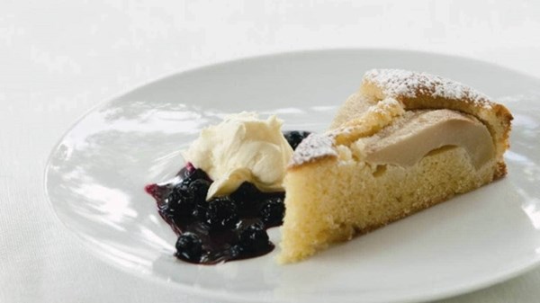 Pear and almond cake with mascarpone and blackcurrant compote