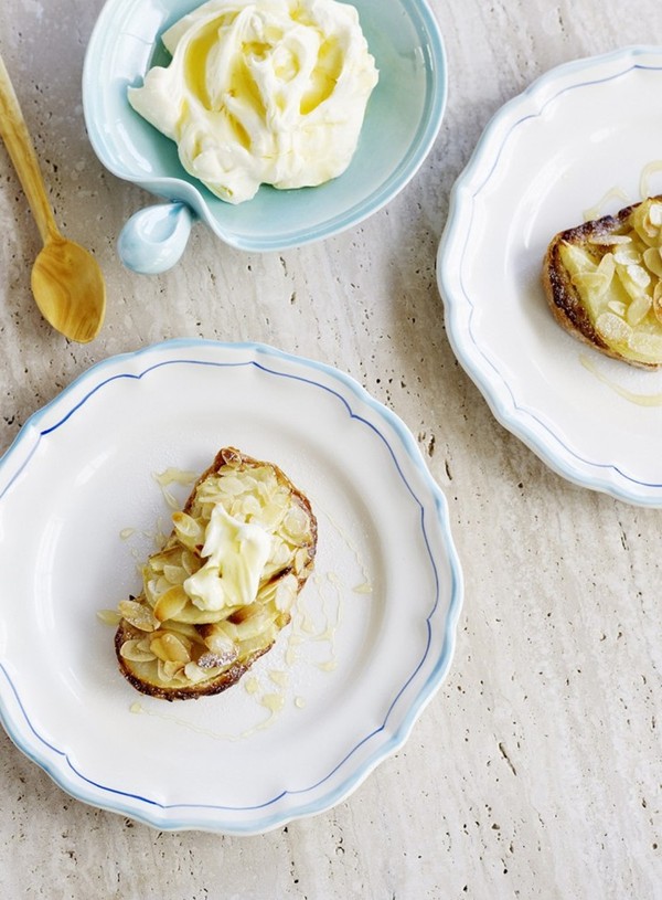 Pear and almond frangipane bruschetta with honeyed crème fraîche