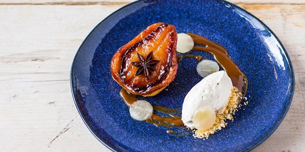 Pear and anise Tatin, Poire Williams Chantilly, and hazelnut praline