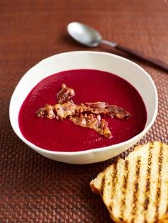 Pear and beetroot soup with crispy pancetta