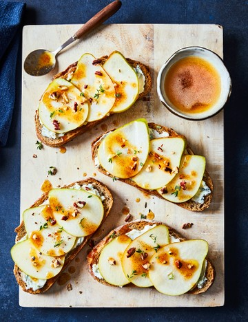 Pear and blue cheese toasts with salted brown butter honey