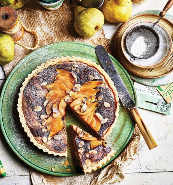 Pear and chocolate Bakewell tart
