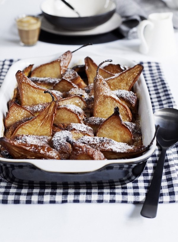 Pear and chocolate croissant pudding