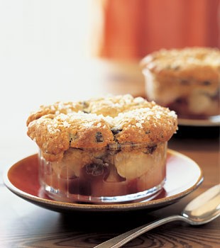 Pear and dried cherry cobblers with ginger-chocolate chip biscuit topping