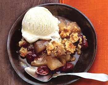 Pear and dried-cherry crisp with nutmeg-walnut streusel