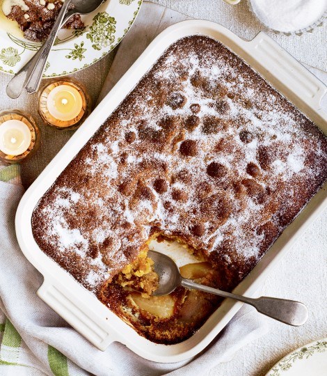Pear and ginger Eve's pudding with brown sugar custard