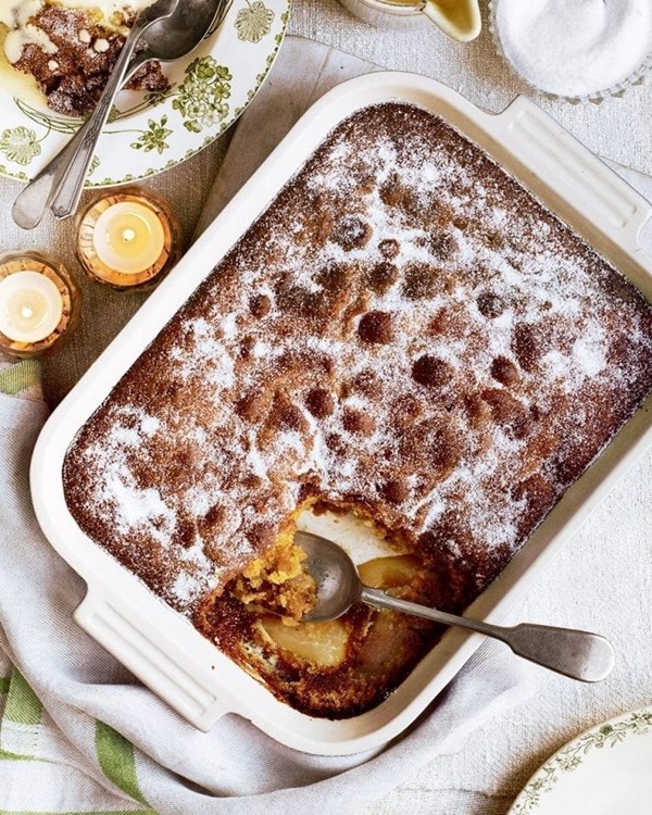 Pear and ginger Eve's pudding with brown sugar custard