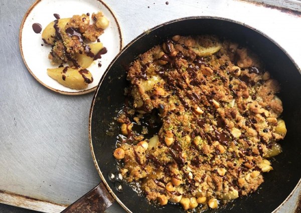 Pear and macadamia crumble with chocolate sauce