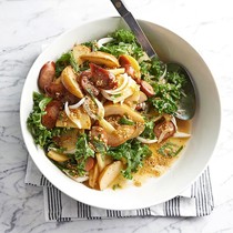 Pear and potato salad with pickled mustard seeds and sausage