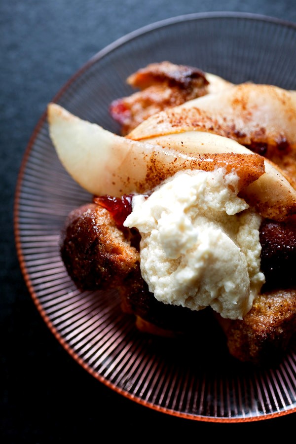 Pear and sour cherry brown betty with brandy hard sauce