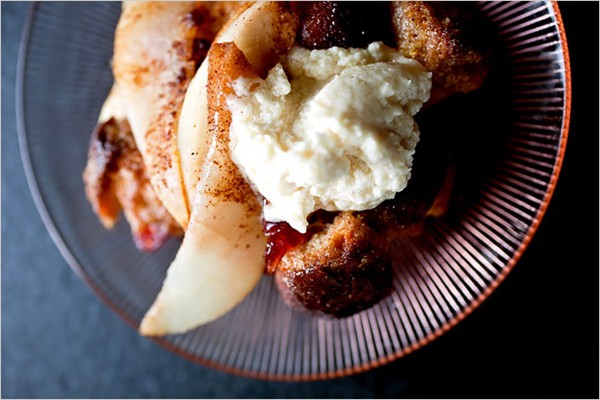 Pear and sour cherry brown betty with brandy hard sauce 