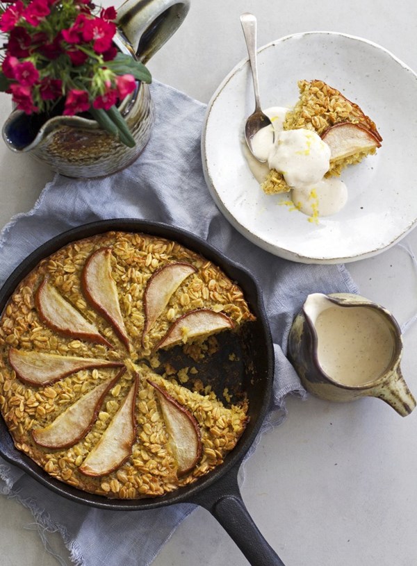 Pear and vanilla baked oatmeal with coconut custard