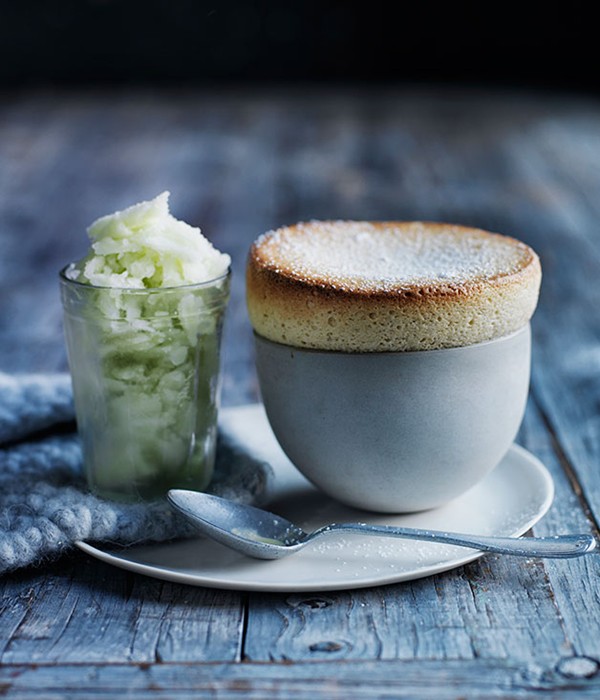 Pear and vanilla soufflés with apple sorbet