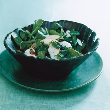 Pear, arugula, and pancetta salad