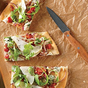 Pear, blue cheese, and bacon focaccia-style pizza