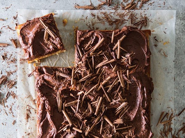 Pear cake with whipped chocolate ganache