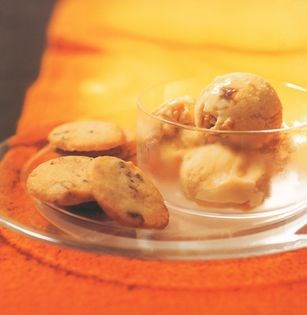 Pear-caramel swirl ice cream with pecan cookies