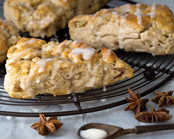 Pear chai spiced scones with spiced pear syrup