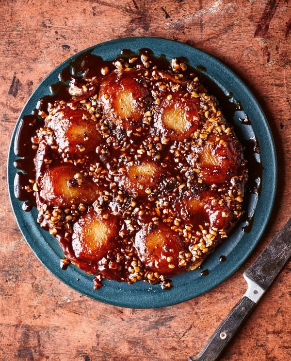 Pear, chocolate, star anise and hazelnut tarte Tatin