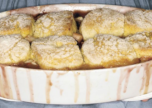 Pear cobbler with dried blueberries and stone-ground corn biscuits