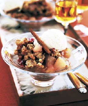 Pear-cranberry crisp with cinnamon ice cream