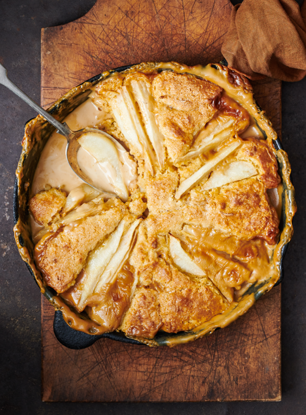 Pear, ginger and coconut caramel cobbler