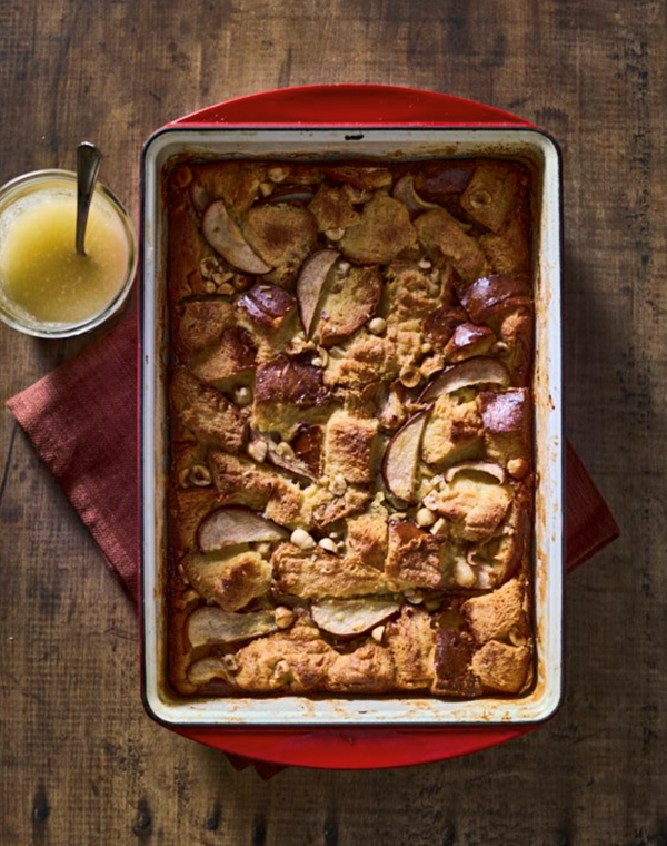 Pear hazelnut bread pudding with cardamom glaze