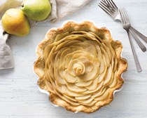 Pear, honey, and lime pie [vanilla custard, poached pears]