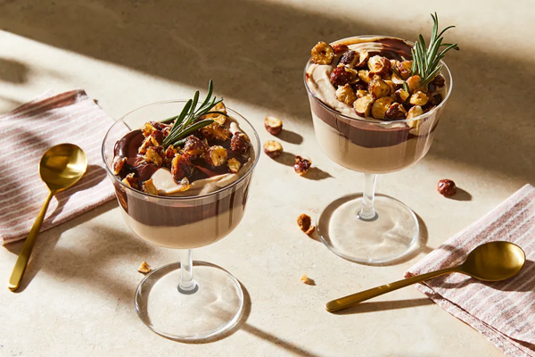 Pear mousse with rosemary chocolate sauce