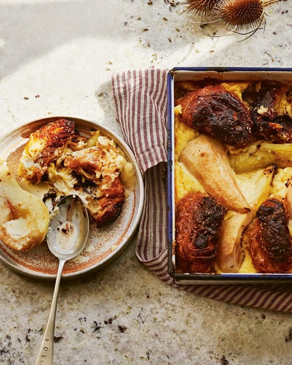Pear, pain au chocolat and peanut butter pudding 