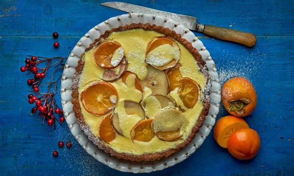Pear, persimmon and ricotta crostata