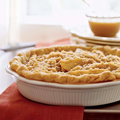 Pear pie with streusel topping and caramel sauce