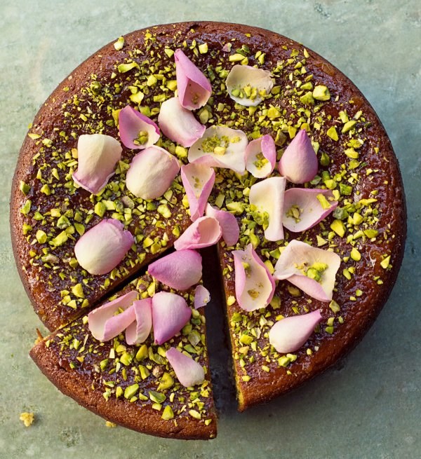 Pear, pistachio and rose cake