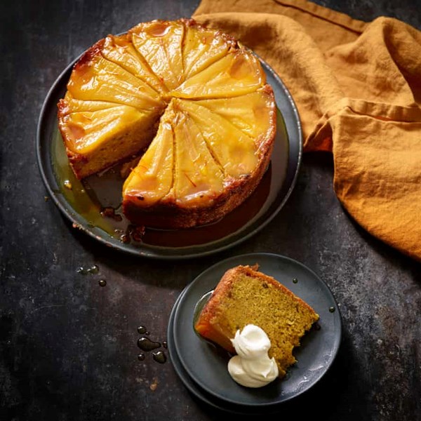 Pear, saffron, pistachio upside-down cake