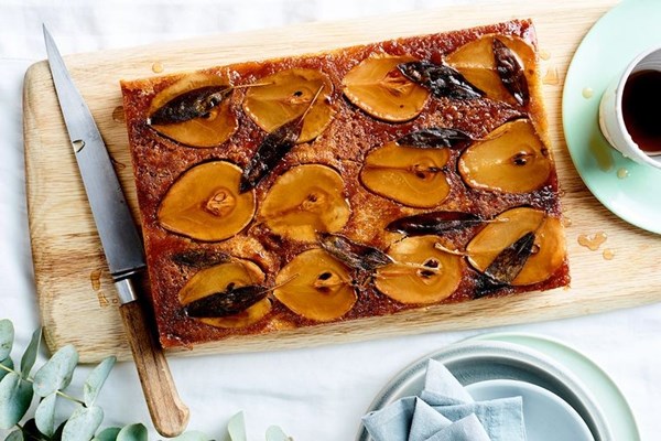 Pear, sage & almond upside-down tray cake