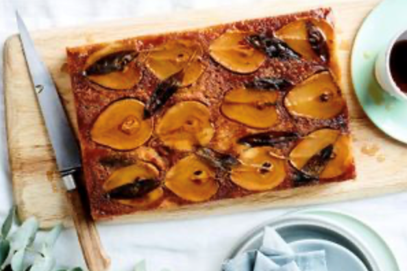 Pear, sage and almond upside-down tray cake