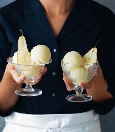 Pear sorbet with pear wafers