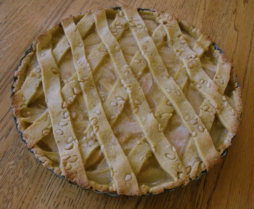 Pear tart with olive oil-cornmeal-pine nut crust
