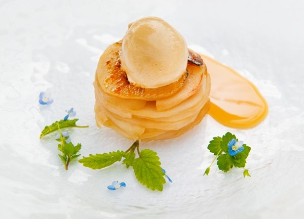 Pear tarte Tatin with liquorice ice cream and lemon brittle