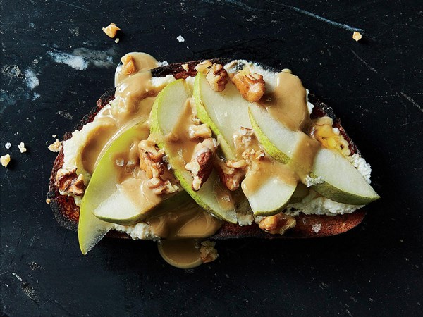 Pear-topped toast with honey-tahini ricotta