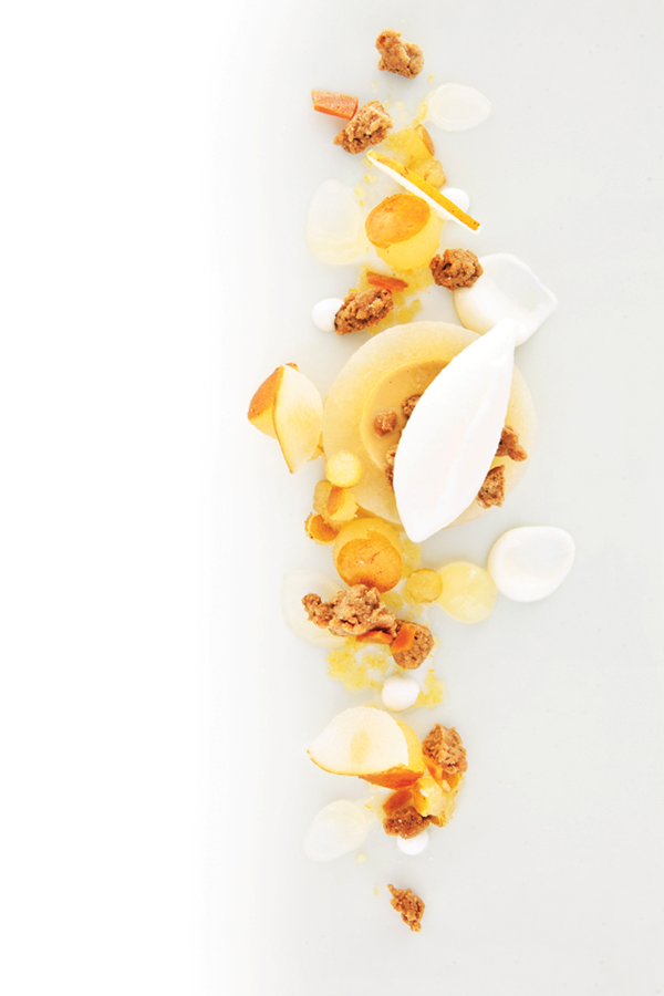 Pear with ginger/spice crumble, honey brittle, & burnt honey cream